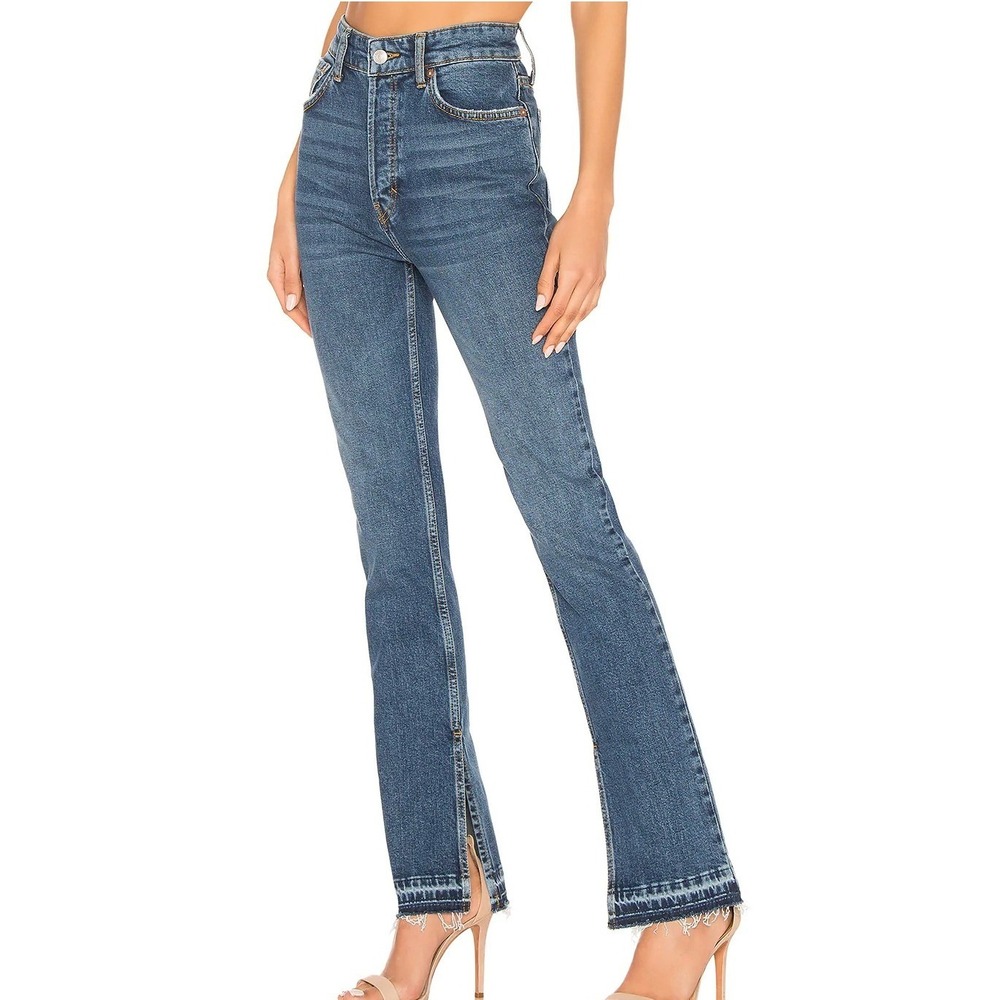 Free People Emmy Split Hem Boot Cut Jeans Size 31 Blue High Rise Raw Hem Boho
